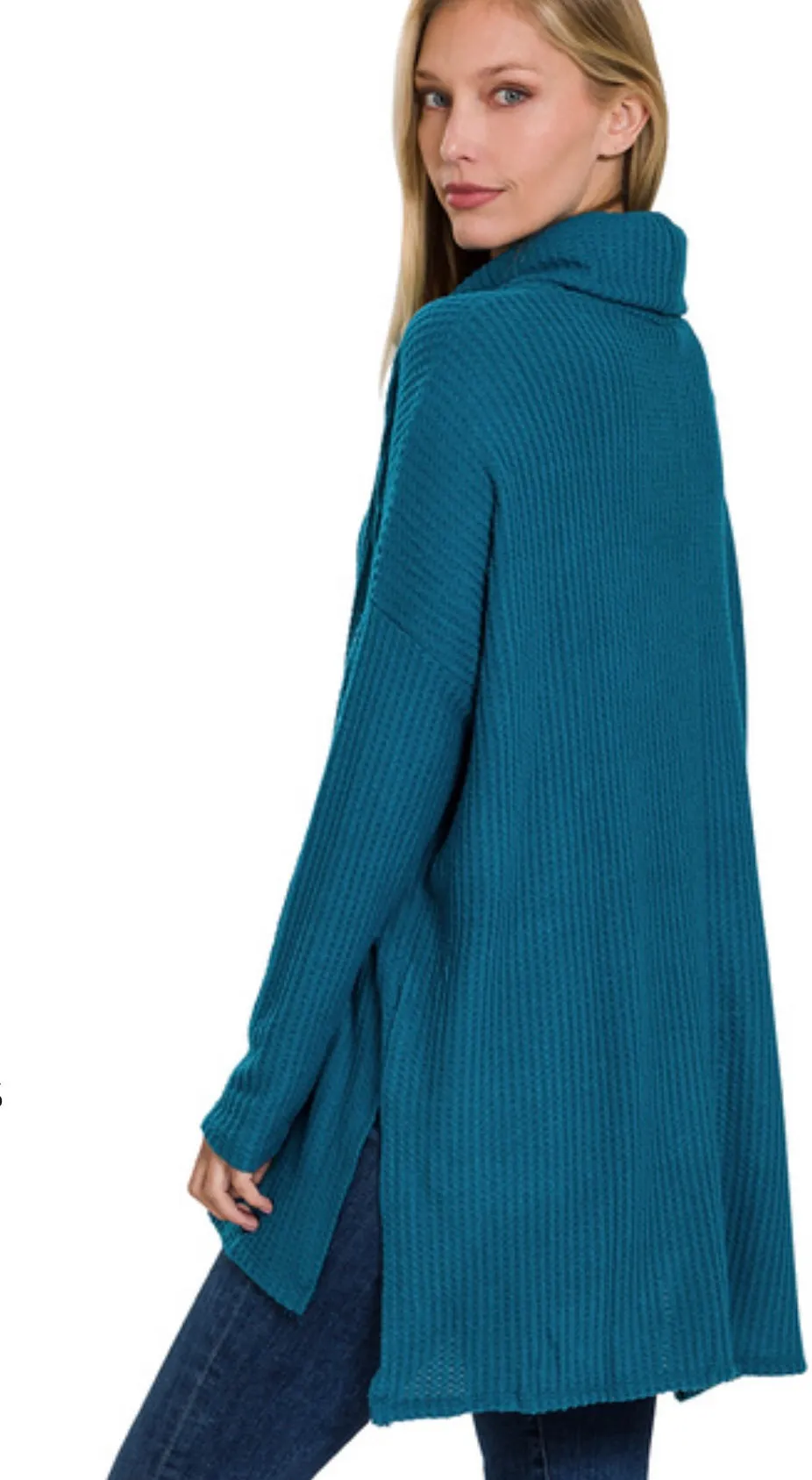 Teal Thermal Hi Low Waffle-Knit Cowl Neck Top-In Regular & Plus Size