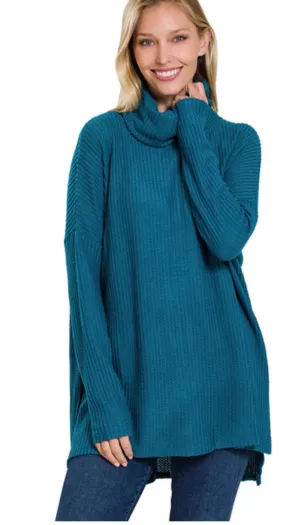 Teal Thermal Hi Low Waffle-Knit Cowl Neck Top-In Regular & Plus Size