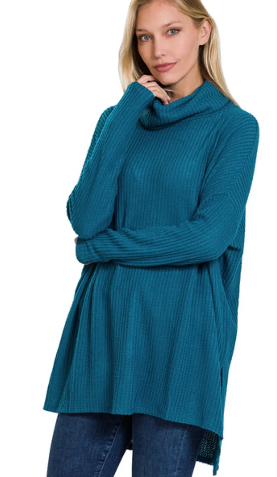 Teal Thermal Hi Low Waffle-Knit Cowl Neck Top-In Regular & Plus Size
