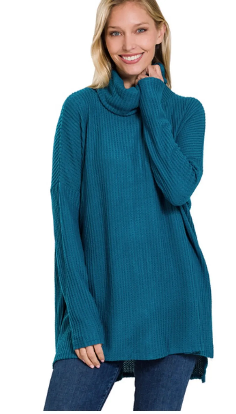Teal Thermal Hi Low Waffle-Knit Cowl Neck Top-In Regular & Plus Size