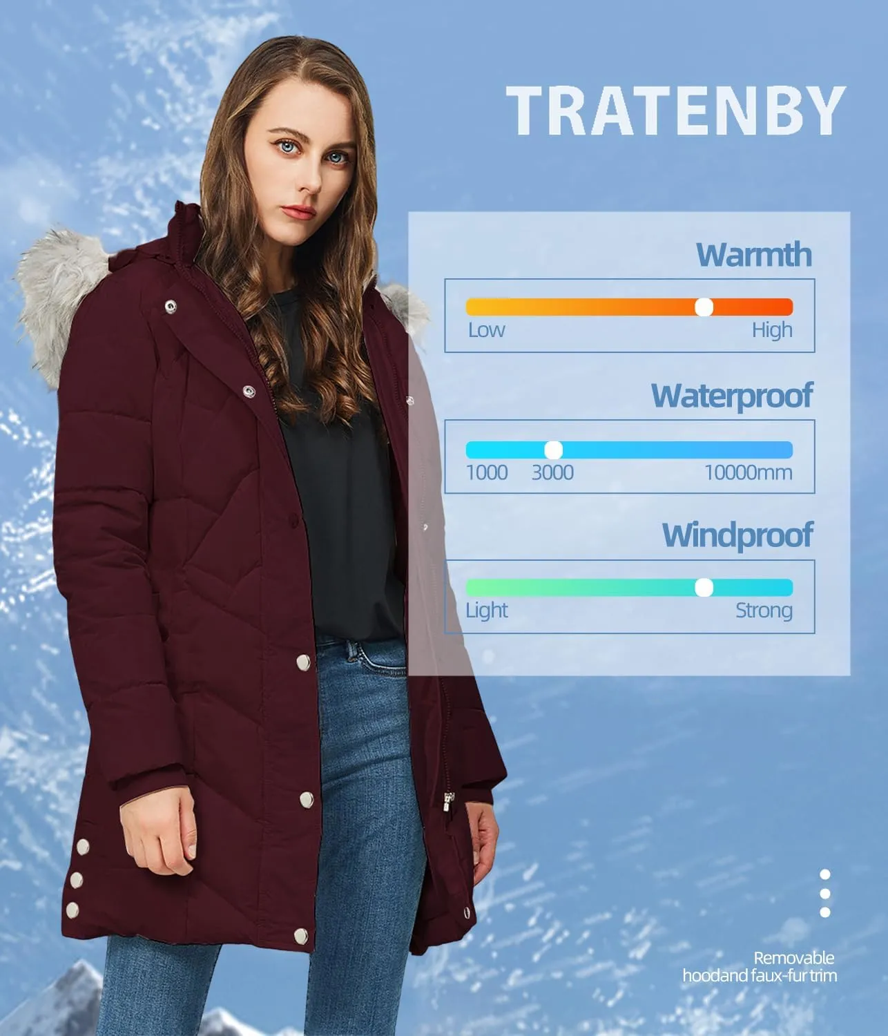 TRATENBY Women's Winter Long Puffer Coats Warm Jackets Parka With hood Waterproof