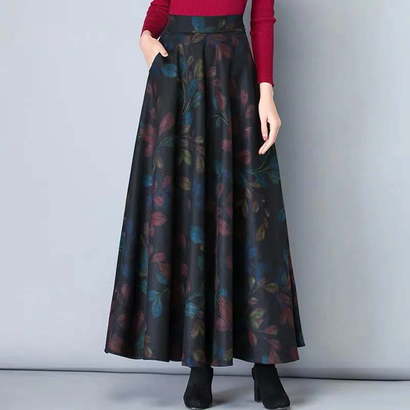 Vintage A-Line High Waist Woolen Skirts 2019 Autumn Winter Fashion Women's Wool Maxi Skirts Female Casual Long Streetwear