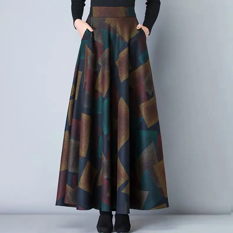 Vintage A-Line High Waist Woolen Skirts 2019 Autumn Winter Fashion Women's Wool Maxi Skirts Female Casual Long Streetwear