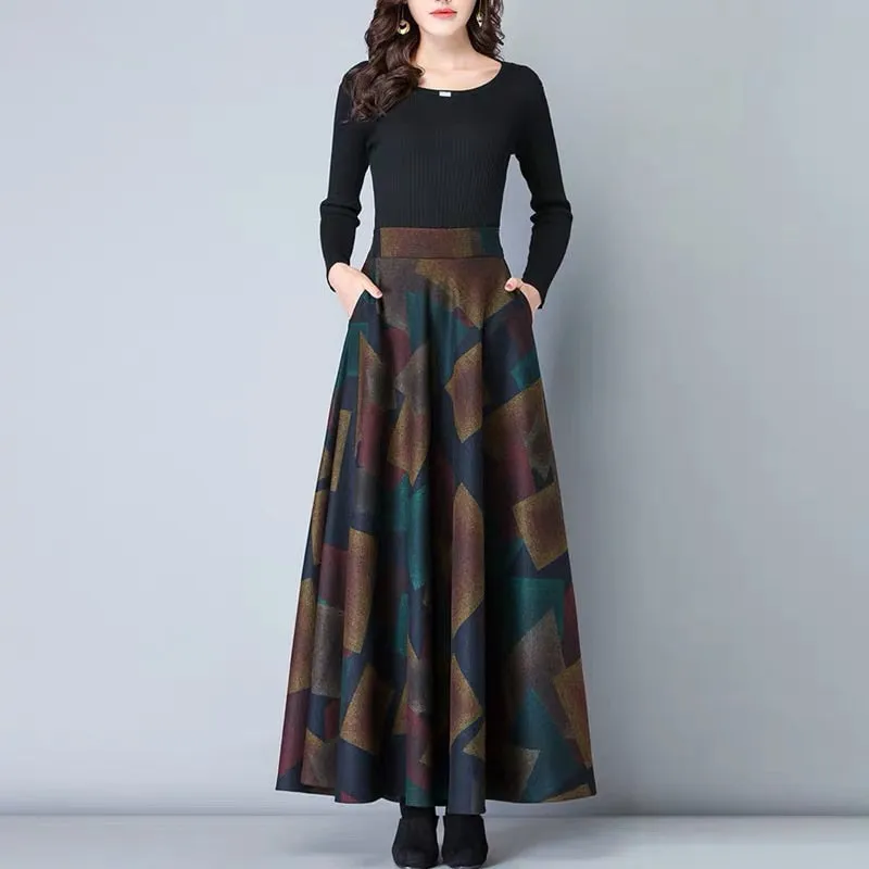 Vintage A-Line High Waist Woolen Skirts 2019 Autumn Winter Fashion Women's Wool Maxi Skirts Female Casual Long Streetwear