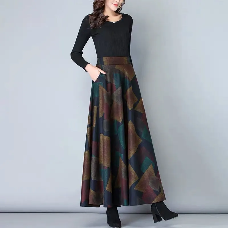 Vintage A-Line High Waist Woolen Skirts 2019 Autumn Winter Fashion Women's Wool Maxi Skirts Female Casual Long Streetwear
