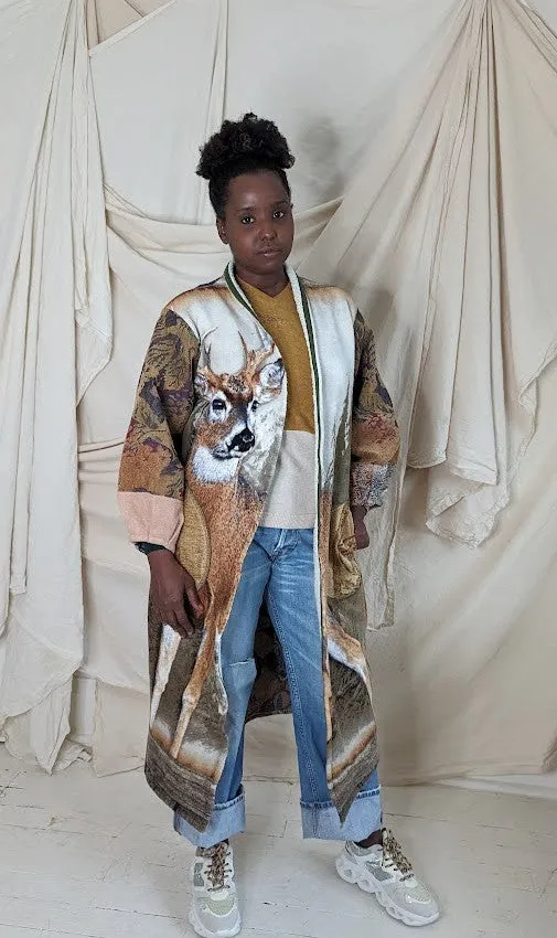 Vivianne Duster with Upcycled Fleece, Woven and Wool Throw Blanket Caribou Theme Size M/L #VIVT7