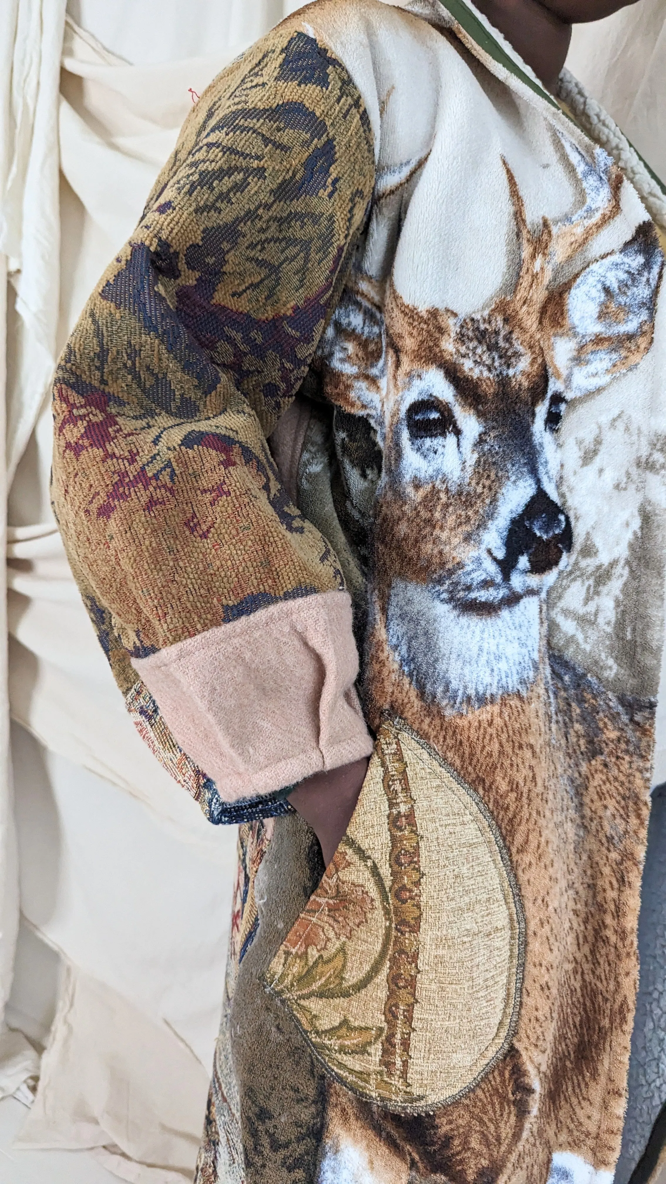 Vivianne Duster with Upcycled Fleece, Woven and Wool Throw Blanket Caribou Theme Size M/L #VIVT7