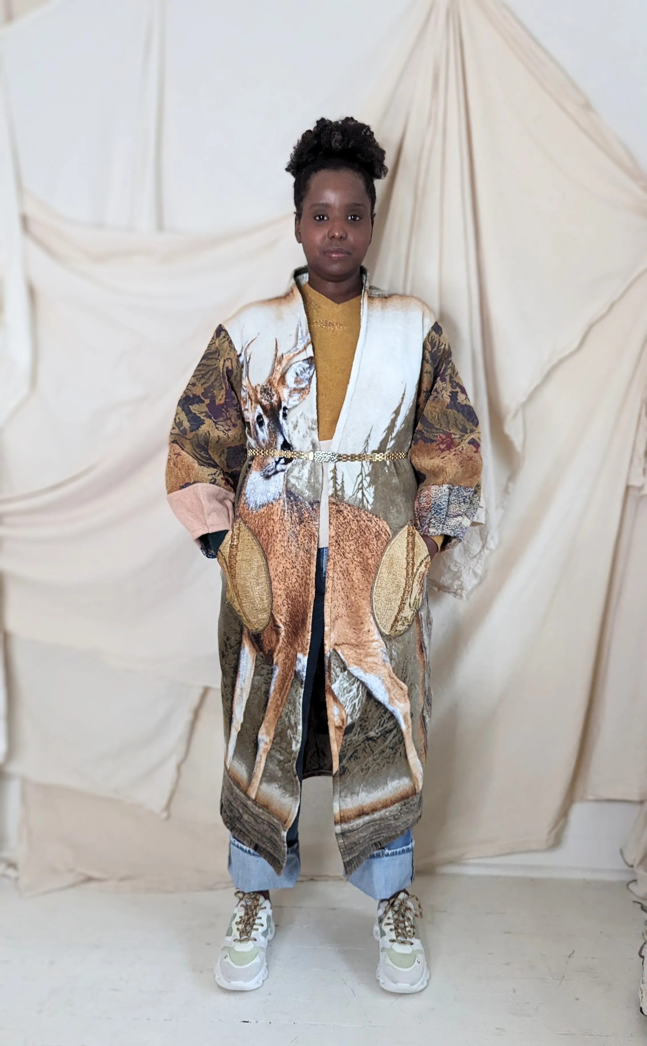 Vivianne Duster with Upcycled Fleece, Woven and Wool Throw Blanket Caribou Theme Size M/L #VIVT7