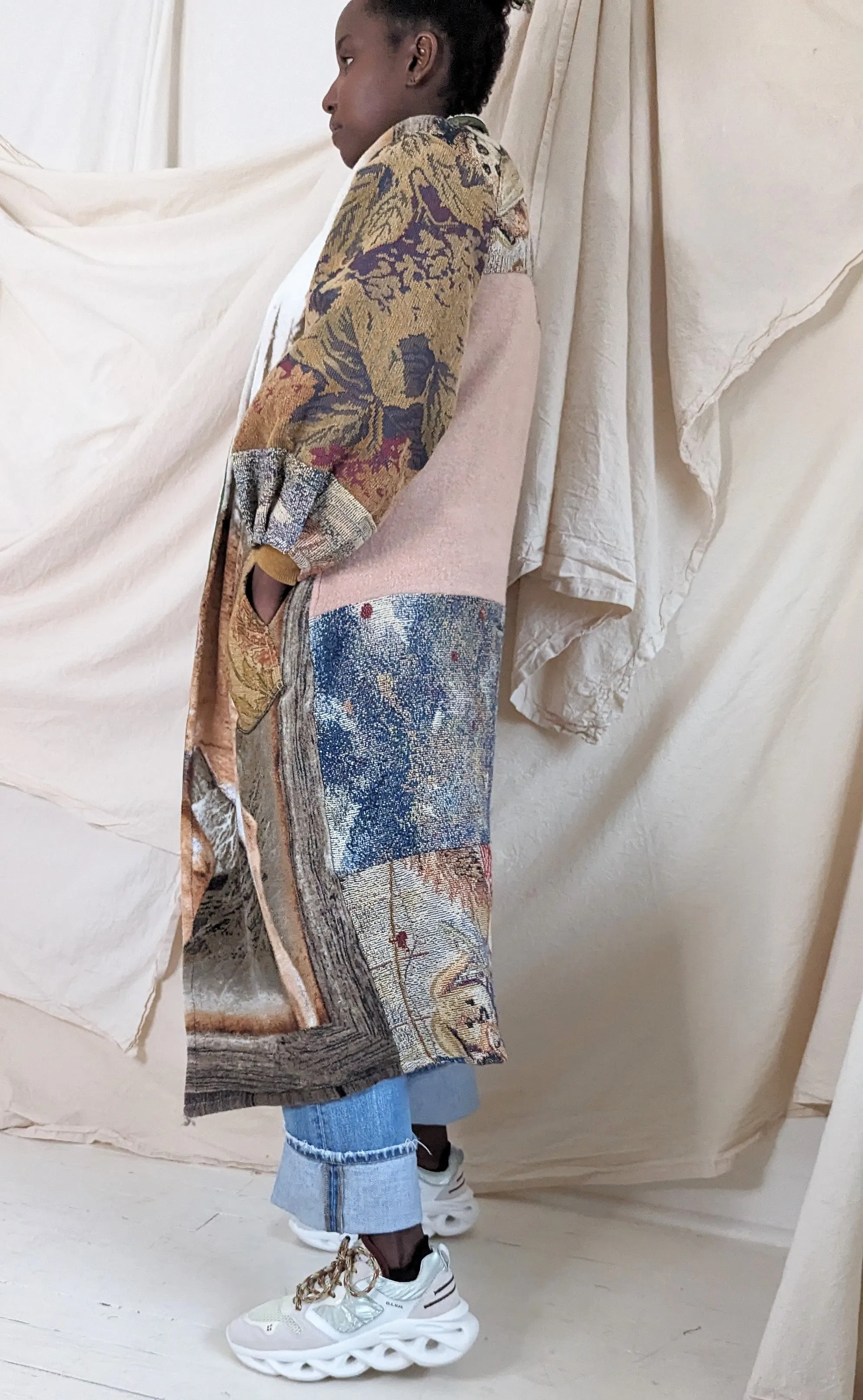 Vivianne Duster with Upcycled Fleece, Woven and Wool Throw Blanket Caribou Theme Size M/L #VIVT7