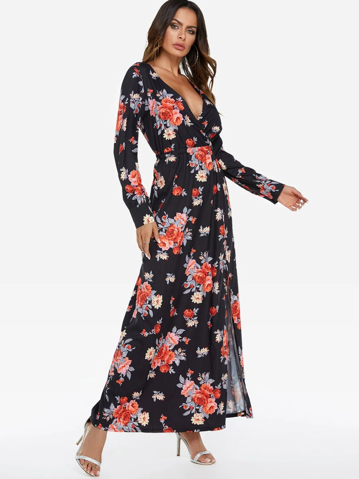 Wholesale Black Deep V Neck Long Sleeve Floral Print Wrap Slit Hem Maxi Dress