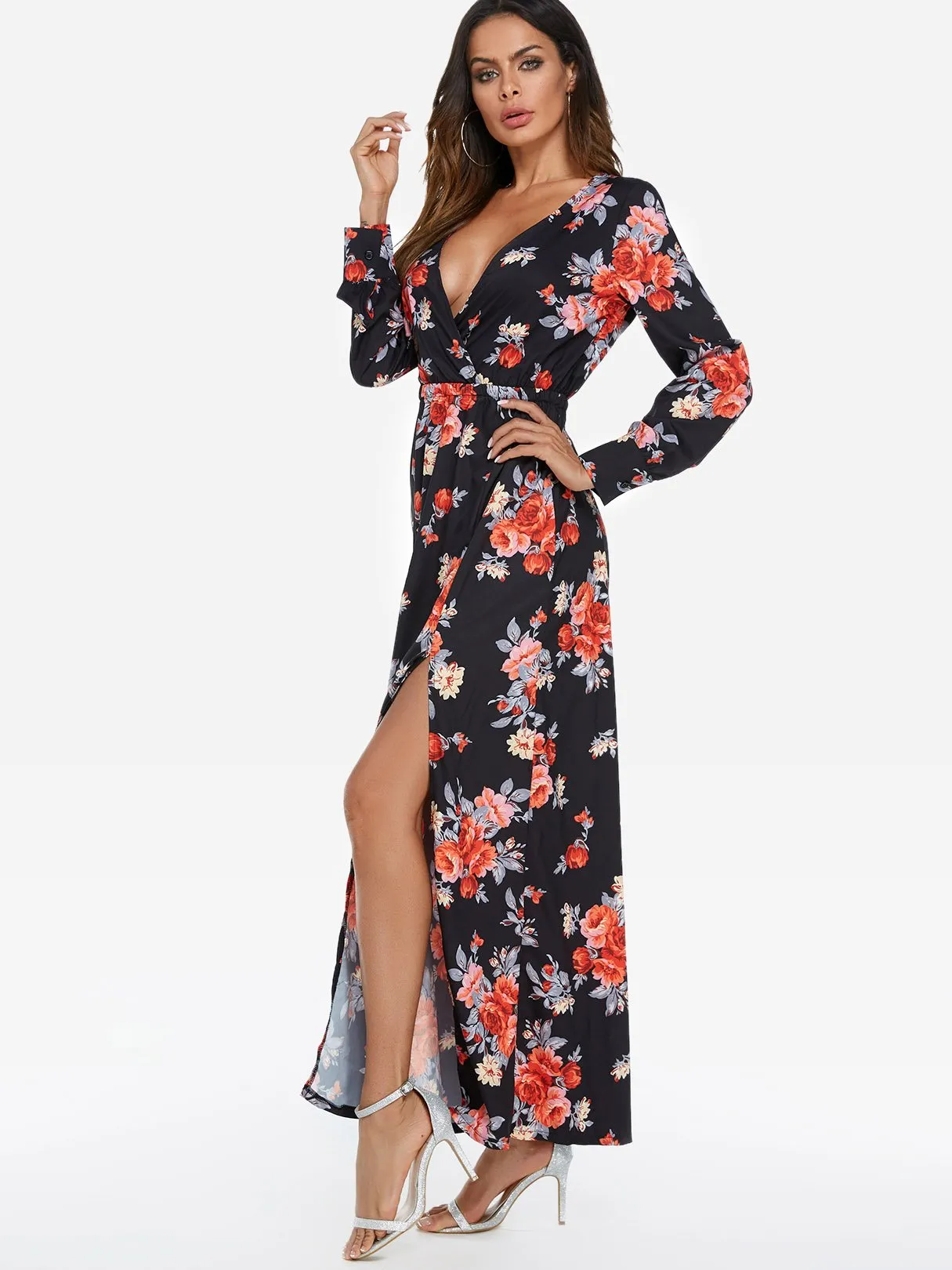 Wholesale Black Deep V Neck Long Sleeve Floral Print Wrap Slit Hem Maxi Dress