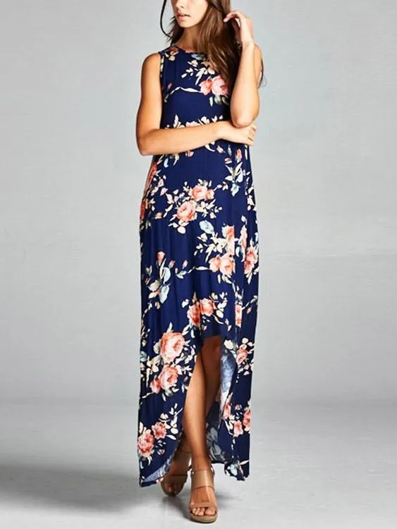 Wholesale Navy Round Neck Sleeveless Floral Print Irregular Curved Hem Maxi Dress
