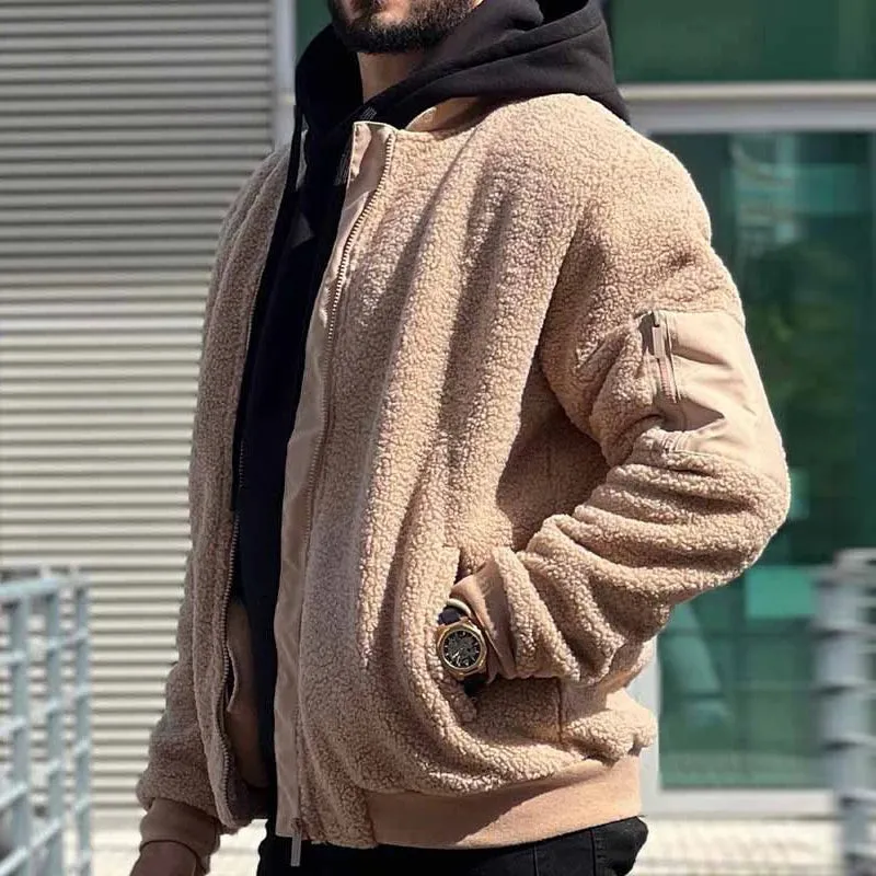 Wiaofellas  -  Fashion Furry Fleece Jackets Mens Autumn Casual Solid Color Loose Coats Men Vintage Zipper Stand Collar Wool Jacket Winter Coat