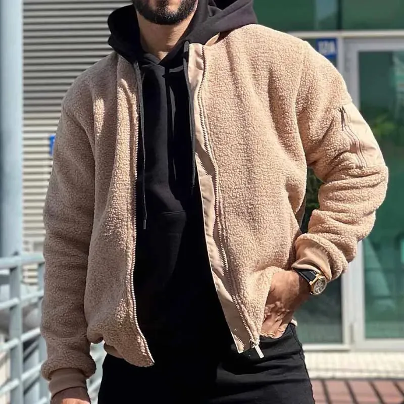 Wiaofellas  -  Fashion Furry Fleece Jackets Mens Autumn Casual Solid Color Loose Coats Men Vintage Zipper Stand Collar Wool Jacket Winter Coat