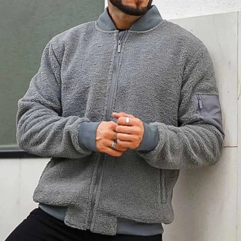 Wiaofellas  -  Fashion Furry Fleece Jackets Mens Autumn Casual Solid Color Loose Coats Men Vintage Zipper Stand Collar Wool Jacket Winter Coat