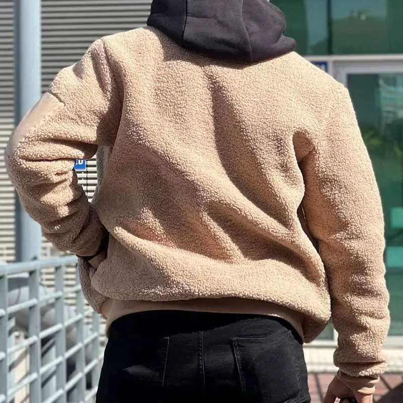 Wiaofellas  -  Fashion Furry Fleece Jackets Mens Autumn Casual Solid Color Loose Coats Men Vintage Zipper Stand Collar Wool Jacket Winter Coat