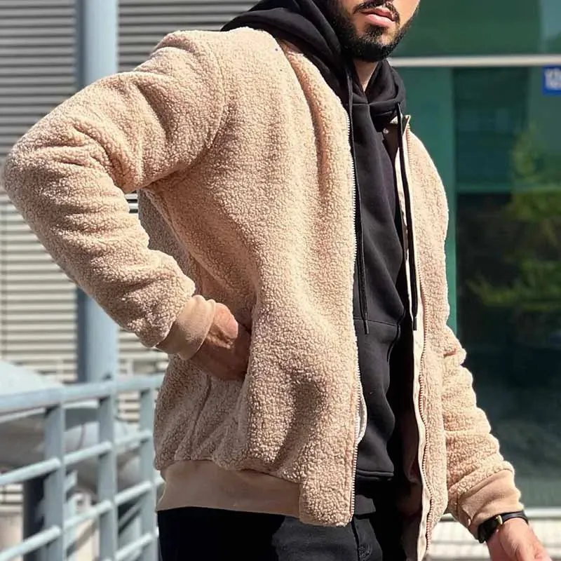 Wiaofellas  -  Fashion Furry Fleece Jackets Mens Autumn Casual Solid Color Loose Coats Men Vintage Zipper Stand Collar Wool Jacket Winter Coat