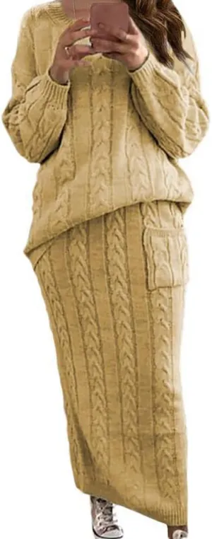 Women's 2 Piece Cable Knitted Long Sleeve Turtleneck Sweaters &Skirt Set with Pocket
