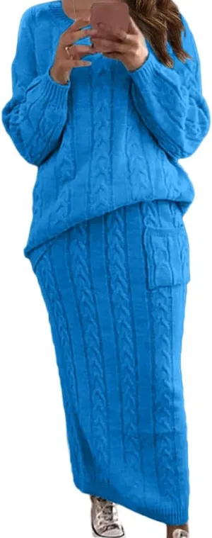Women's 2 Piece Cable Knitted Long Sleeve Turtleneck Sweaters &Skirt Set with Pocket