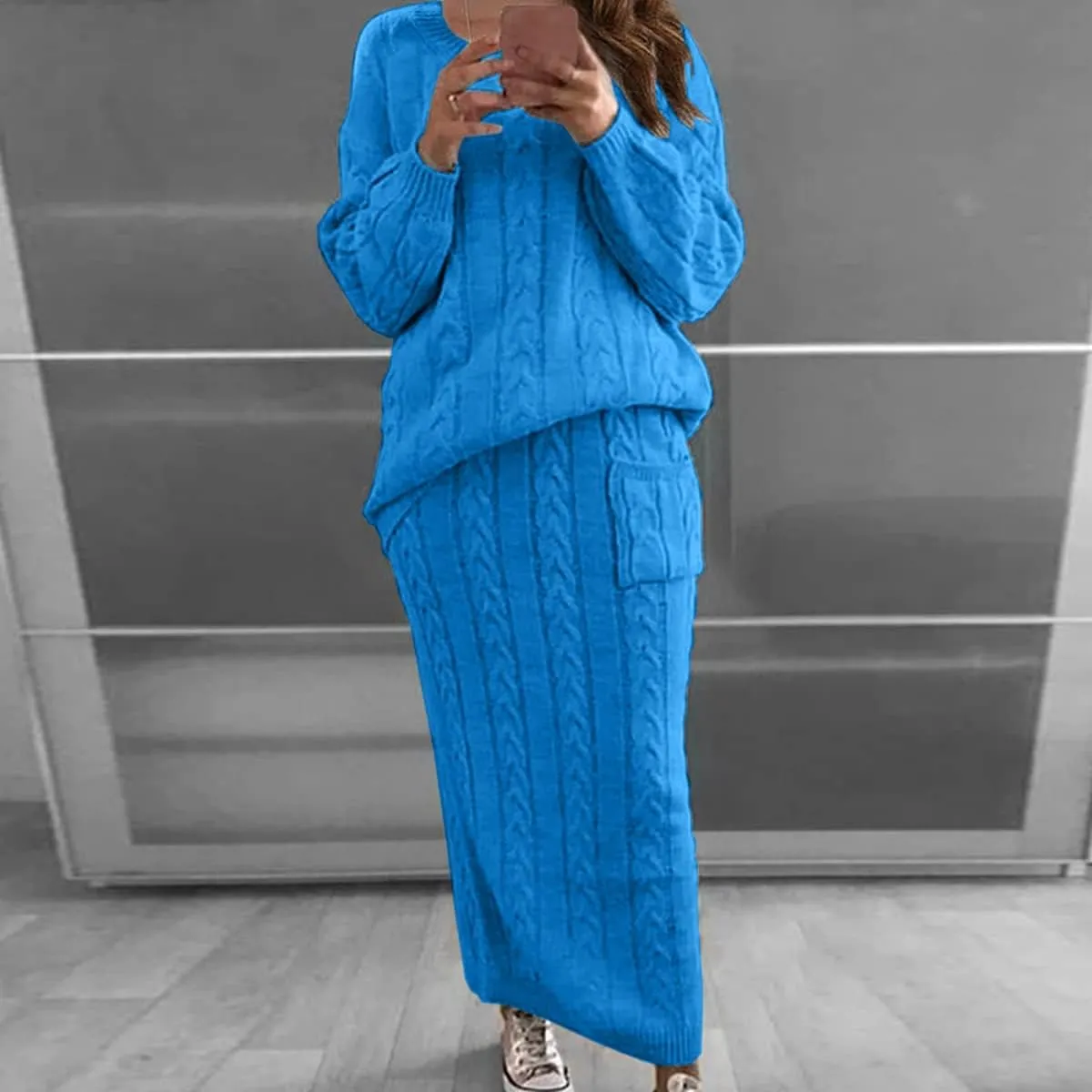 Women's 2 Piece Cable Knitted Long Sleeve Turtleneck Sweaters &Skirt Set with Pocket