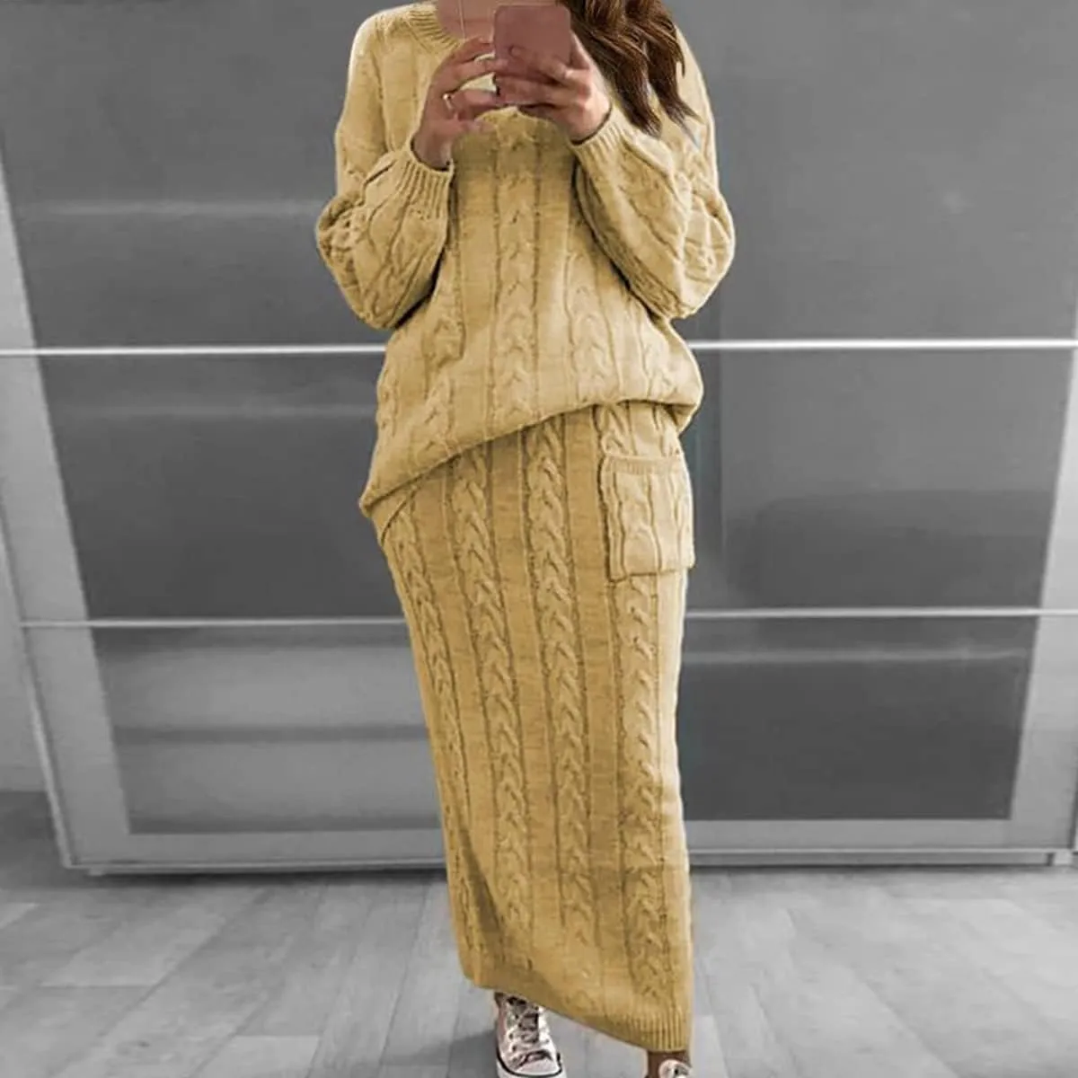 Women's 2 Piece Cable Knitted Long Sleeve Turtleneck Sweaters &Skirt Set with Pocket