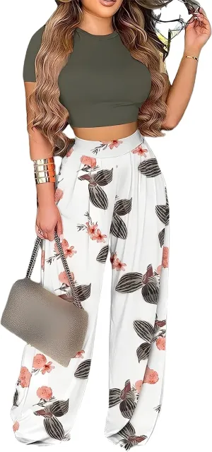 Womens 2 Piece Lounge Sets Casual Comfy Tracksuits Outfits Crop Tops Round Neck Wide Leg Pants Short Sleeve Jumpsuits