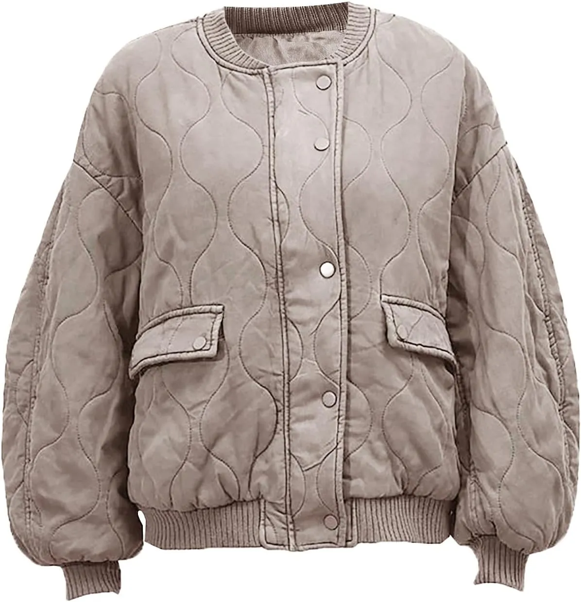 Women's Bomber Jacket Cotton Padded Ribbed Quilted Zip Up Long Sleeve Winter Coat Fall Outerwear Tops with Pockets