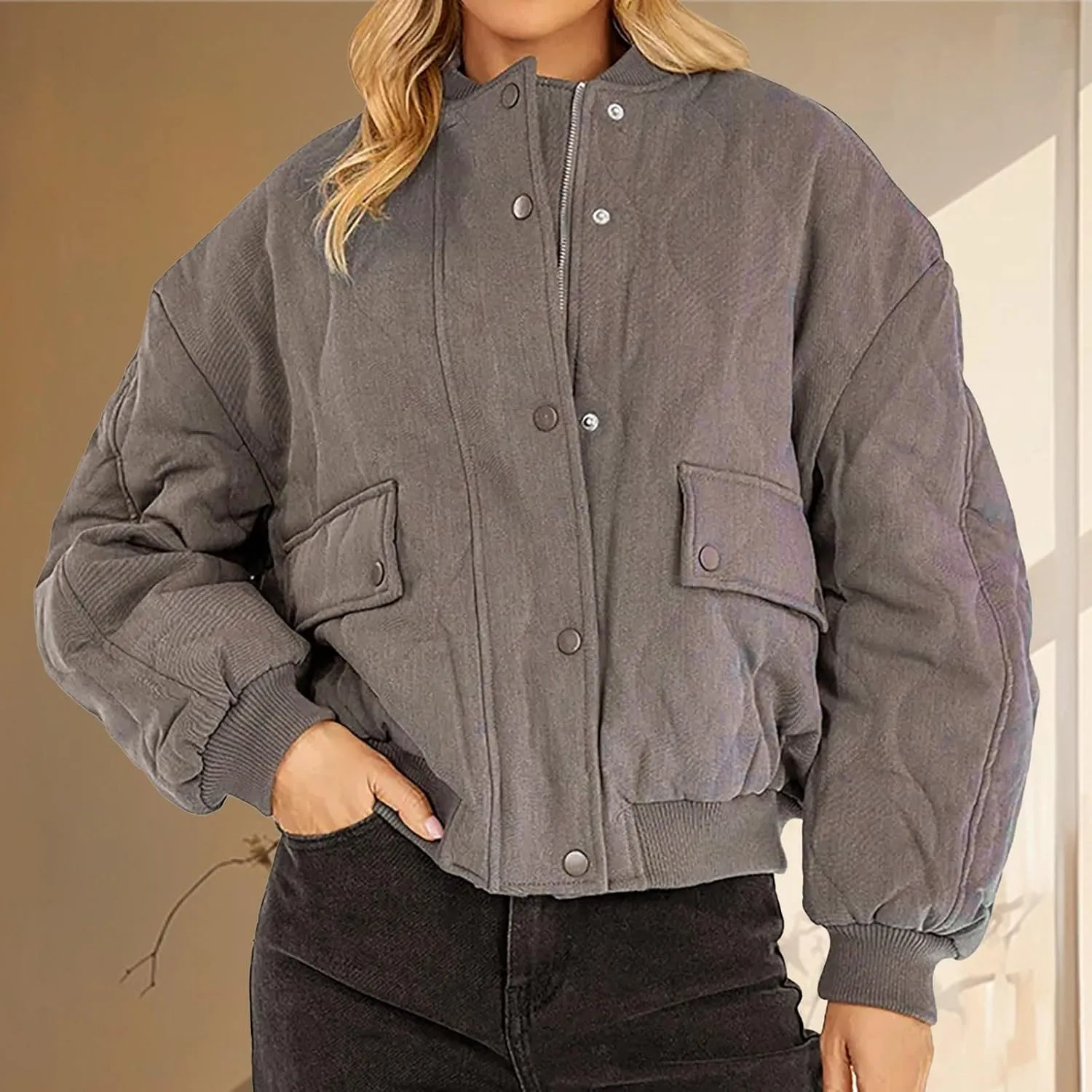 Women's Bomber Jacket Cotton Padded Ribbed Quilted Zip Up Long Sleeve Winter Coat Fall Outerwear Tops with Pockets