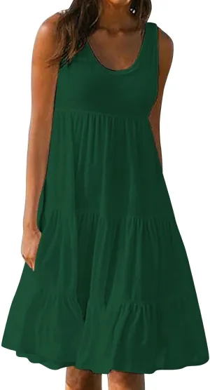 Womens Casual Sundresses 2025 Vacation Summer Beach Dresses Flowy Knee Length Tshirt Dress Sleeveless Ruffle Dress