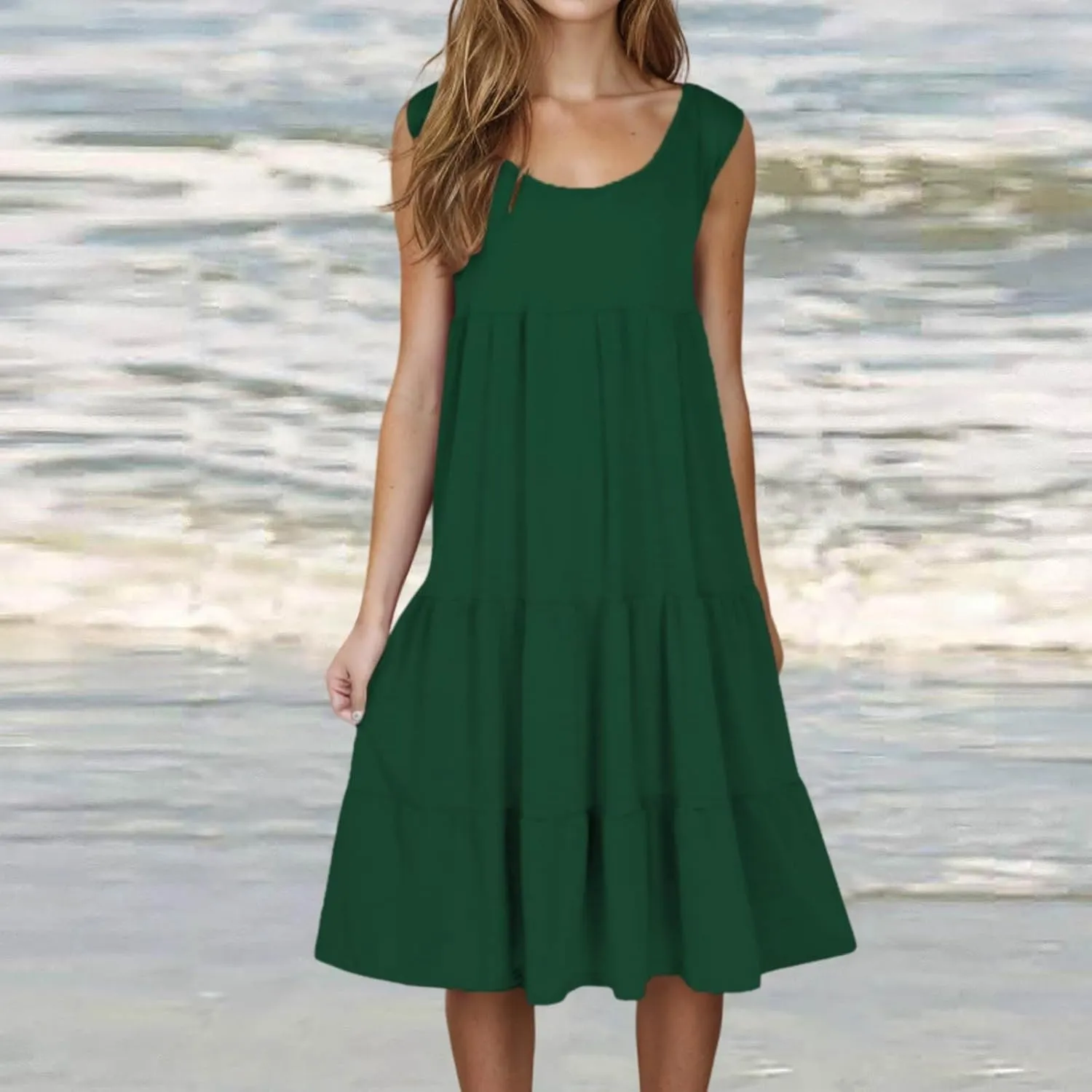 Womens Casual Sundresses 2025 Vacation Summer Beach Dresses Flowy Knee Length Tshirt Dress Sleeveless Ruffle Dress