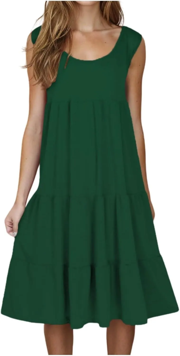 Womens Casual Sundresses 2025 Vacation Summer Beach Dresses Flowy Knee Length Tshirt Dress Sleeveless Ruffle Dress