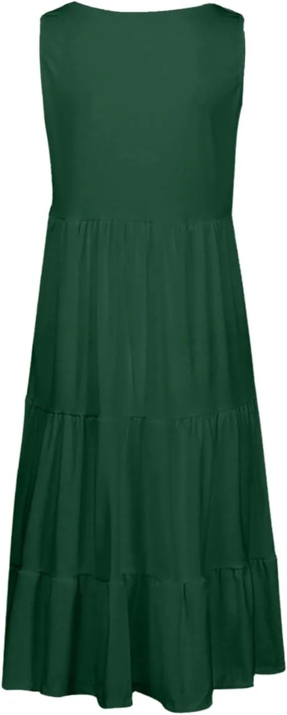 Womens Casual Sundresses 2025 Vacation Summer Beach Dresses Flowy Knee Length Tshirt Dress Sleeveless Ruffle Dress
