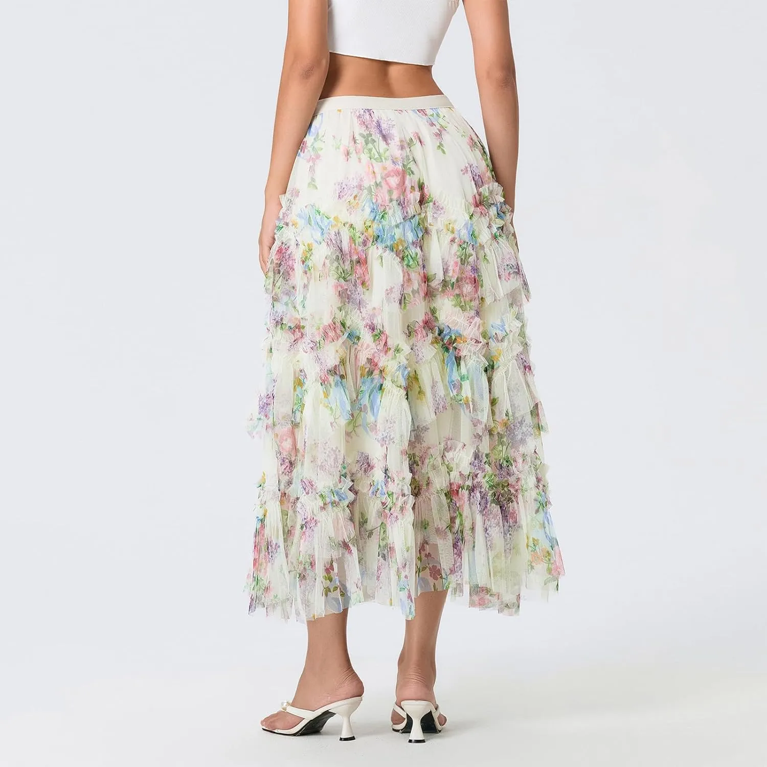 Women's Floral Mesh Skirt Irregular Flowy Layerd A Line Midi Skirt Summer Beach Vacation Skirt