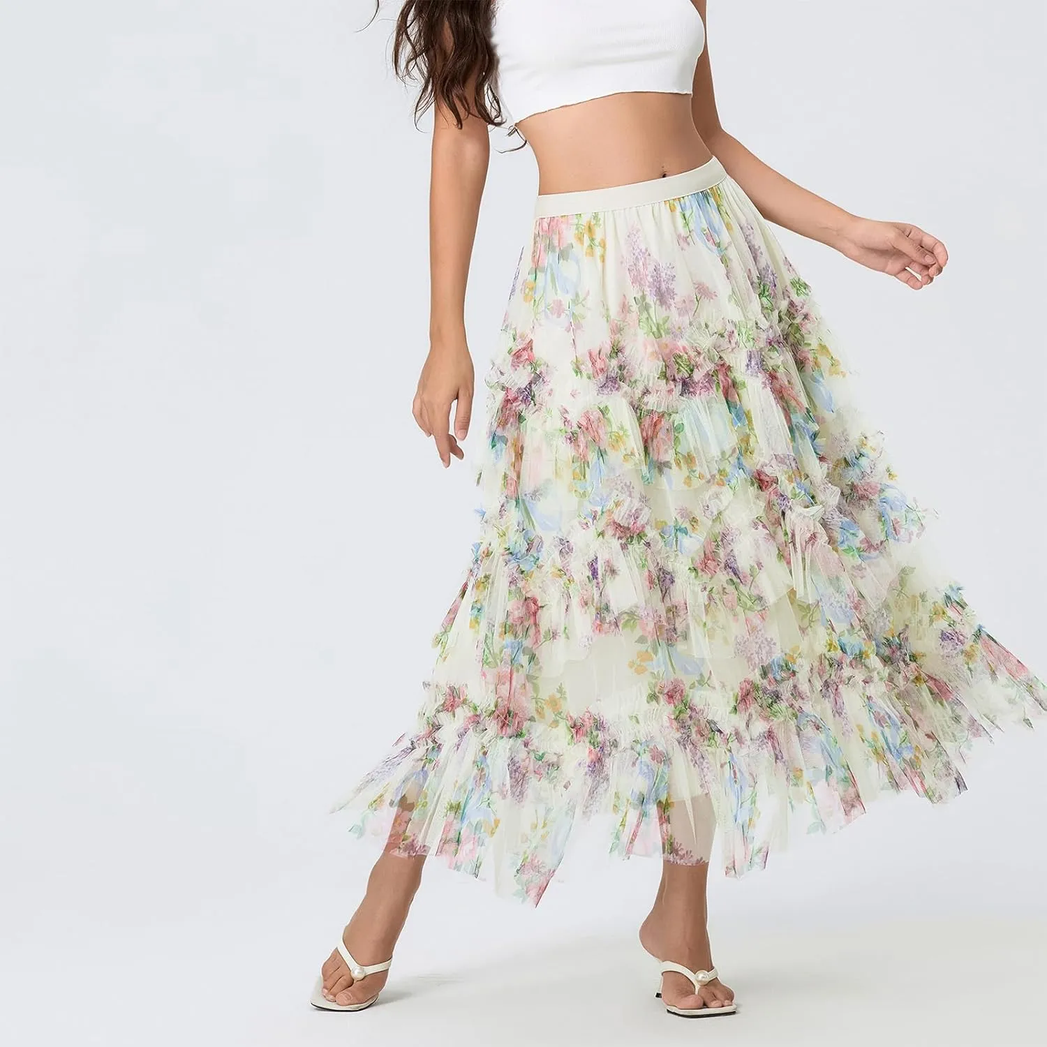 Women's Floral Mesh Skirt Irregular Flowy Layerd A Line Midi Skirt Summer Beach Vacation Skirt