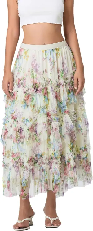 Women's Floral Mesh Skirt Irregular Flowy Layerd A Line Midi Skirt Summer Beach Vacation Skirt