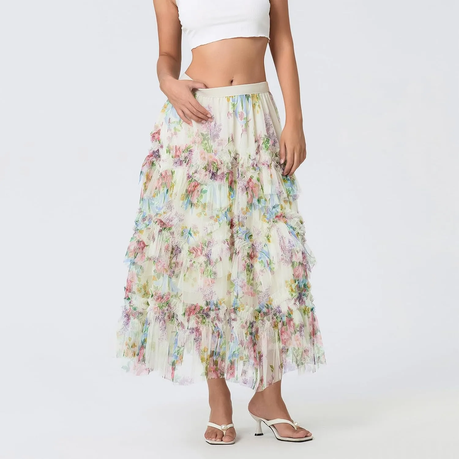 Women's Floral Mesh Skirt Irregular Flowy Layerd A Line Midi Skirt Summer Beach Vacation Skirt