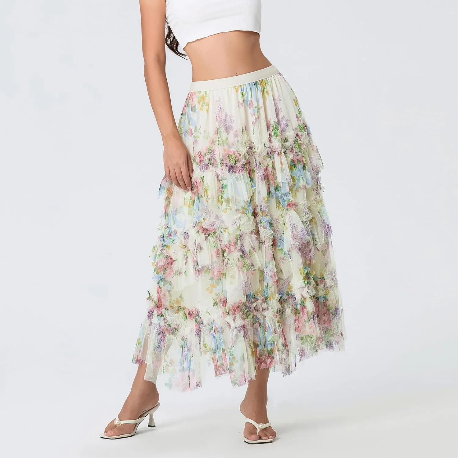 Women's Floral Mesh Skirt Irregular Flowy Layerd A Line Midi Skirt Summer Beach Vacation Skirt