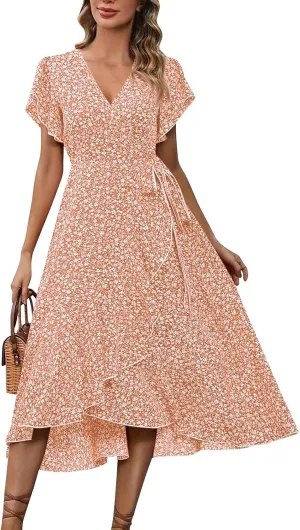Womens Floral Vacation Dresses Casual Waisted Beach Sundresses Hawaiian Flowy V Neck Dress Ladies Trendy Cute Dress