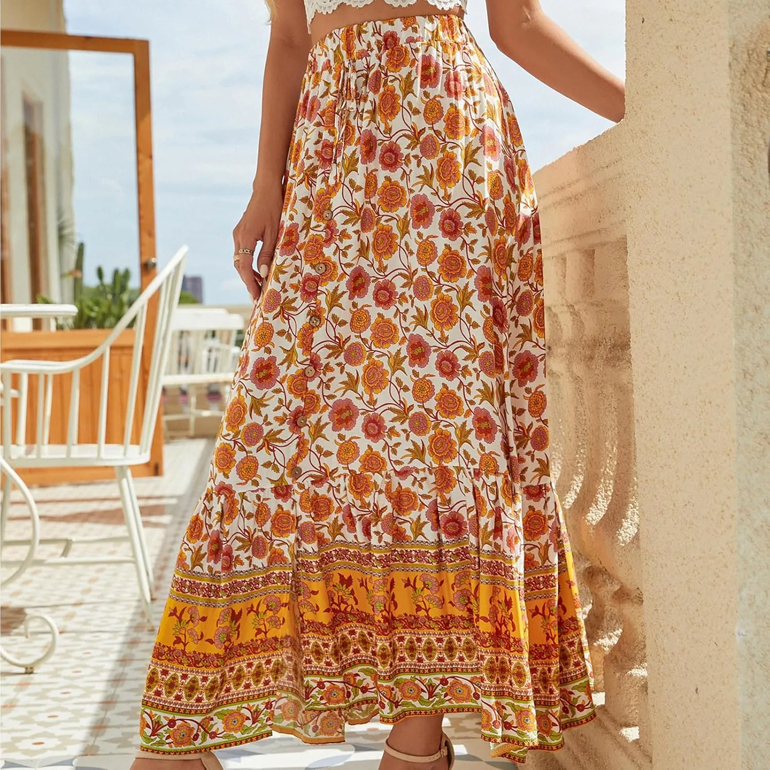 Women's Flowy Maxi Skirt Summer Casual High Elastic Waist TieFloral Boho Pleated A-Line Long Skirts for Beach Party Holiday