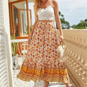 Women's Flowy Maxi Skirt Summer Casual High Elastic Waist TieFloral Boho Pleated A-Line Long Skirts for Beach Party Holiday