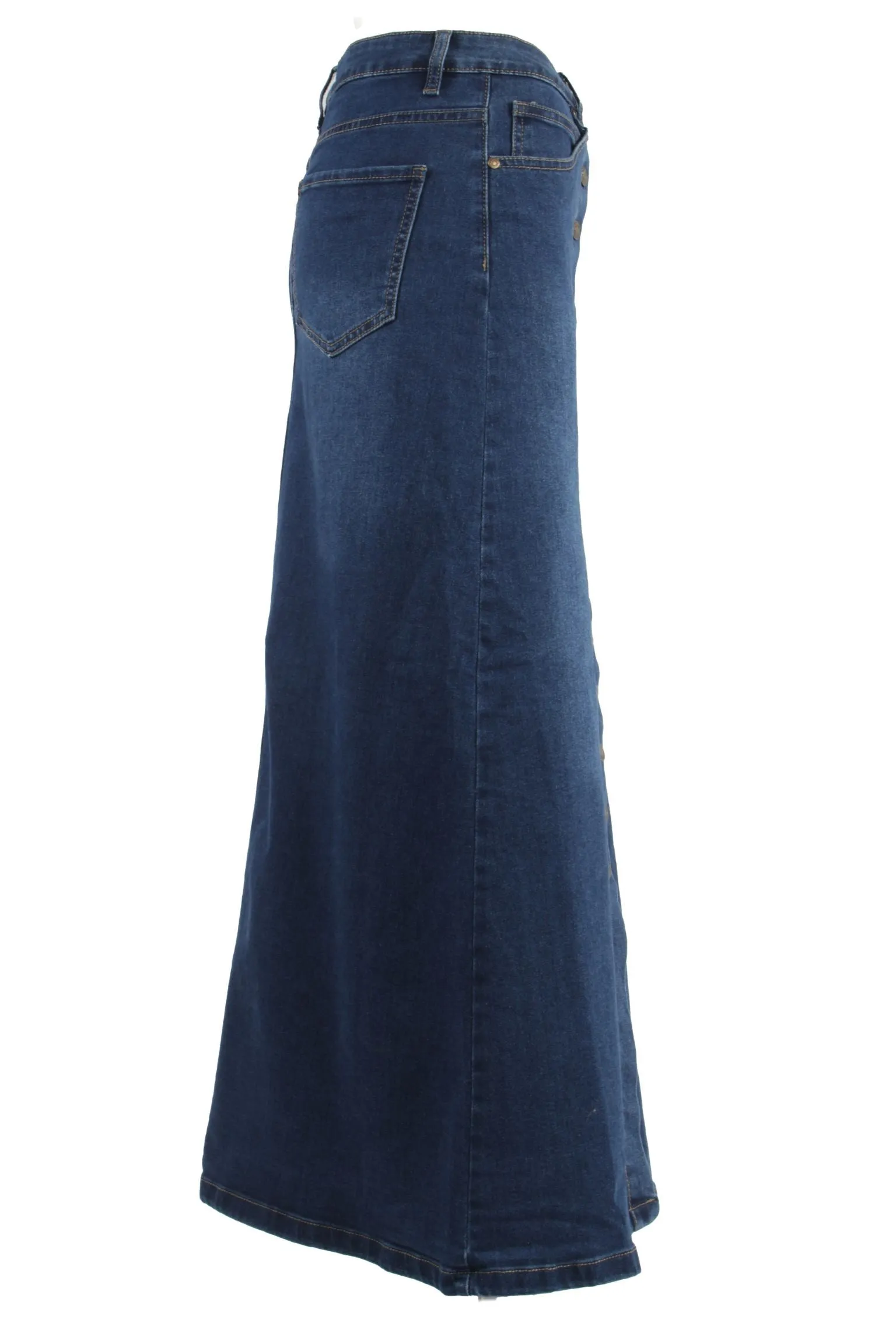 Women's Juniors Button-Down Long A-Line Stretch Denim Maxi Skirt (221-SKT)