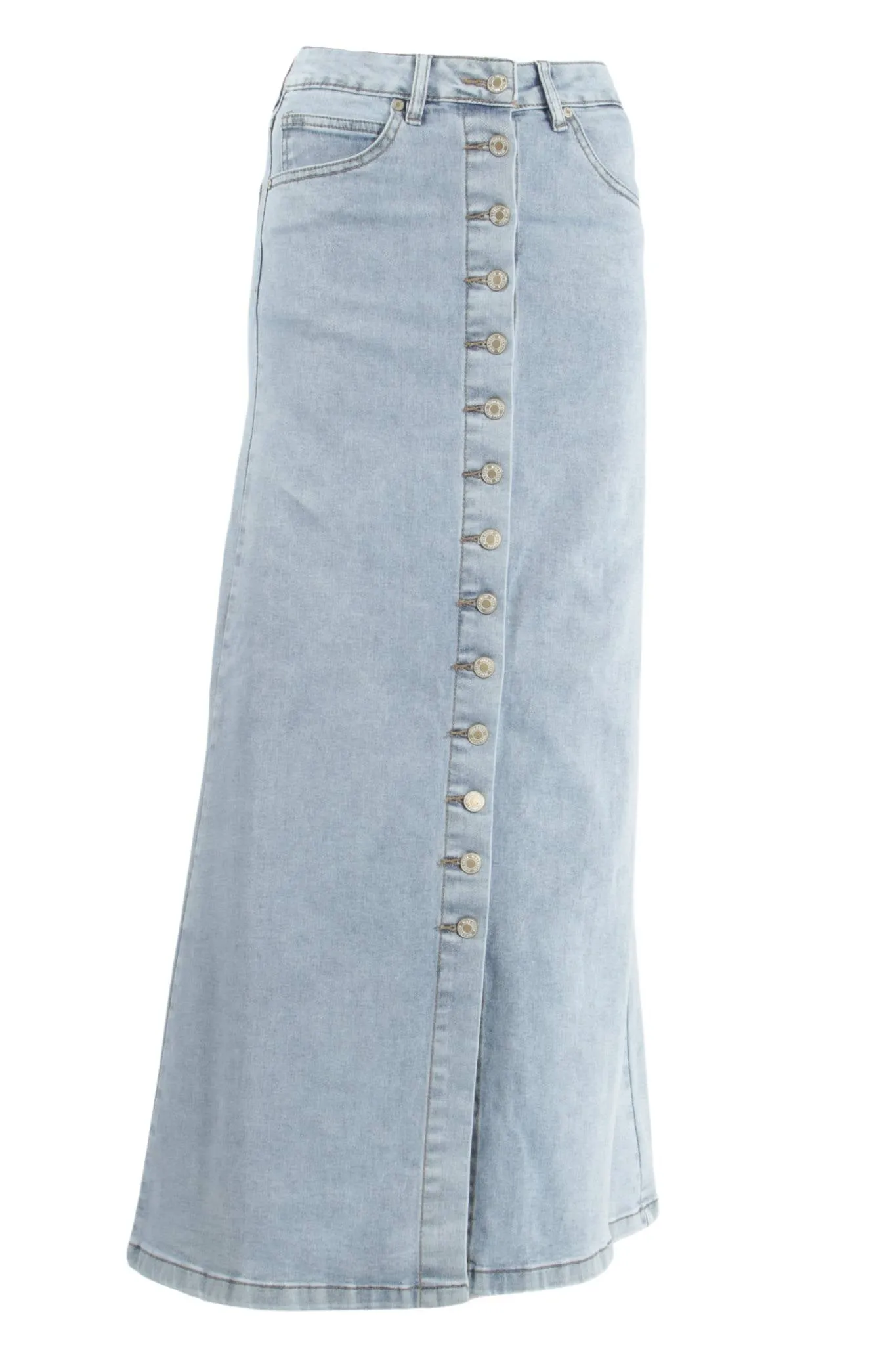 Women's Juniors Button-Down Long A-Line Stretch Denim Maxi Skirt (221-SKT)