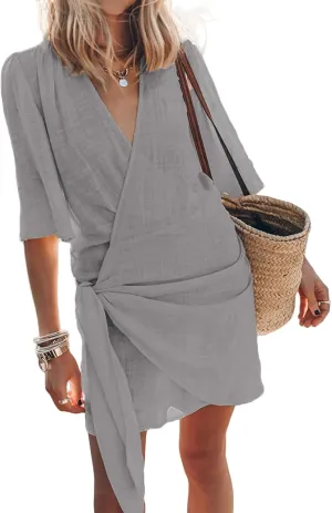 Womens Linen Mini Dress Summer Cross V-Neck Half Sleeve Dresses Casual Lightweight Wrap Tie Waist Bodycon Dresses
