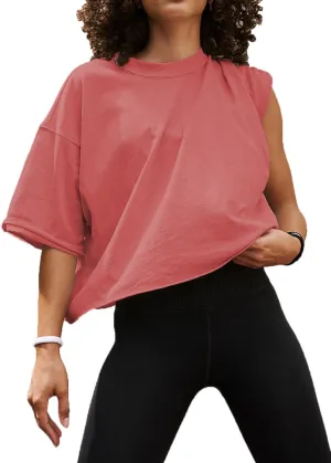 Women's Oversized Crop Tops Roll Hem Half Sleeve T-Shirts Drop Shoulder Casual Summer Tops