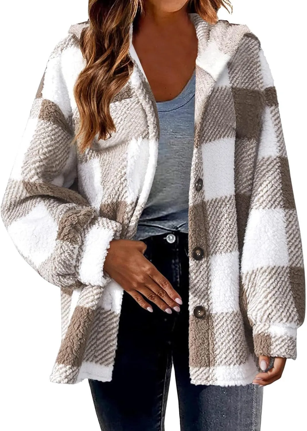 Womens Plaid Shacket Fleece Sherpa Lined Jackets Hooded Long Sleeve Fuzzy Button Down Cardigan Trendy Winter Coats