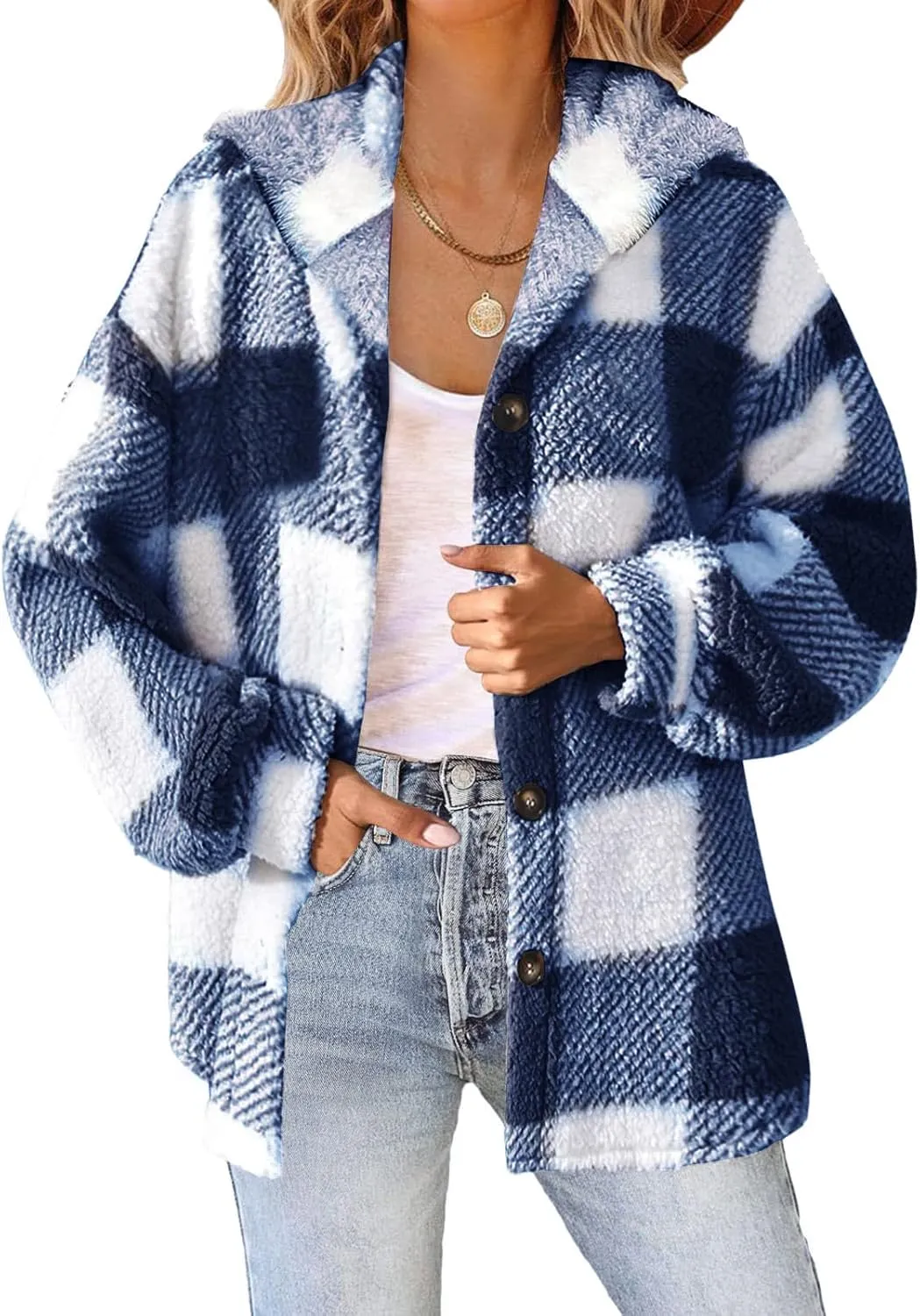 Womens Plaid Shacket Fleece Sherpa Lined Jackets Hooded Long Sleeve Fuzzy Button Down Cardigan Trendy Winter Coats