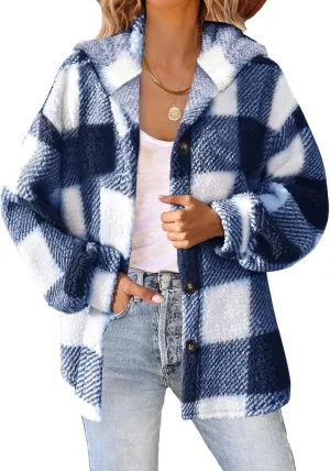 Womens Plaid Shacket Fleece Sherpa Lined Jackets Hooded Long Sleeve Fuzzy Button Down Cardigan Trendy Winter Coats