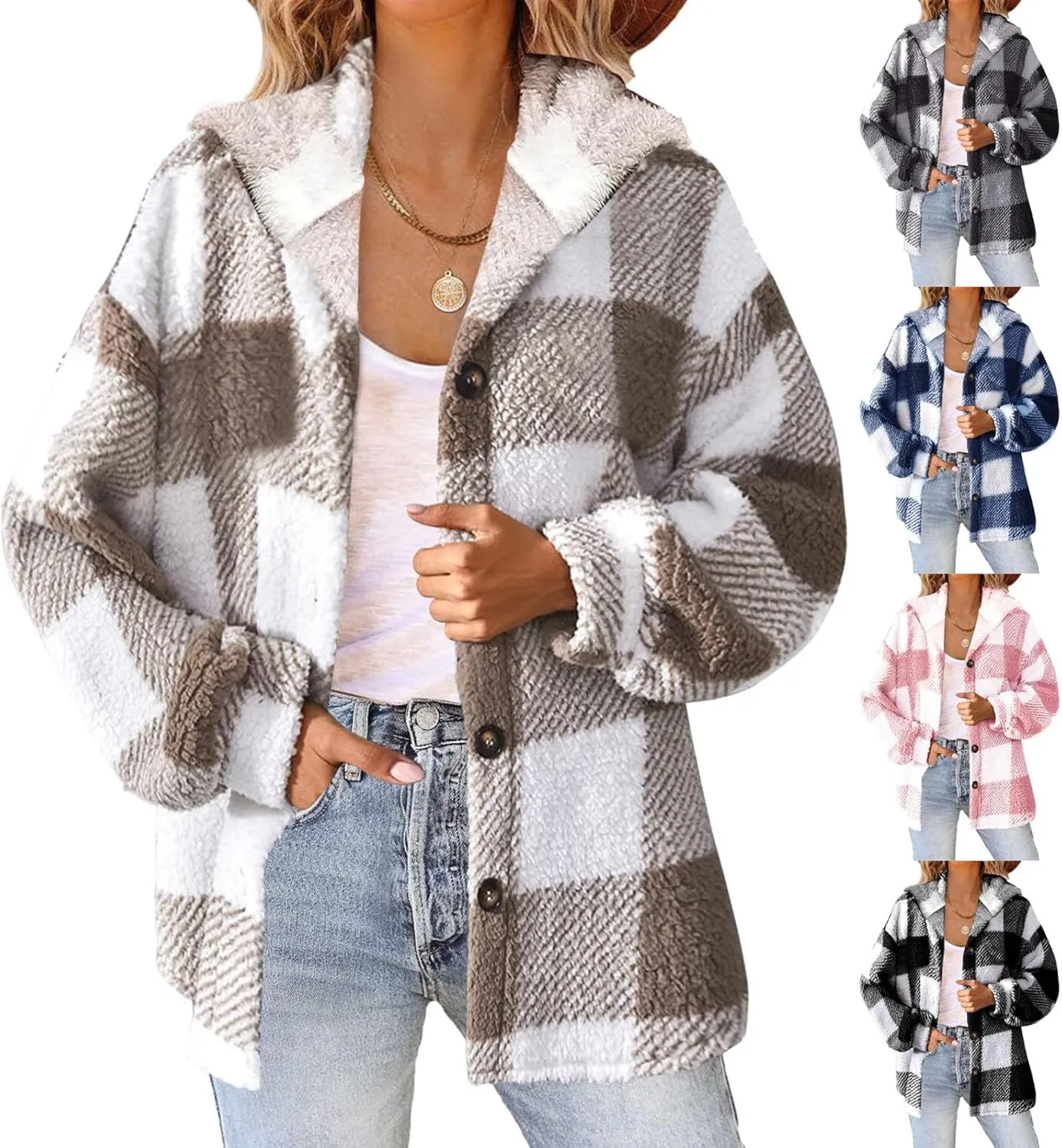 Womens Plaid Shacket Fleece Sherpa Lined Jackets Hooded Long Sleeve Fuzzy Button Down Cardigan Trendy Winter Coats