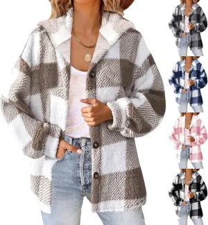 Womens Plaid Shacket Fleece Sherpa Lined Jackets Hooded Long Sleeve Fuzzy Button Down Cardigan Trendy Winter Coats