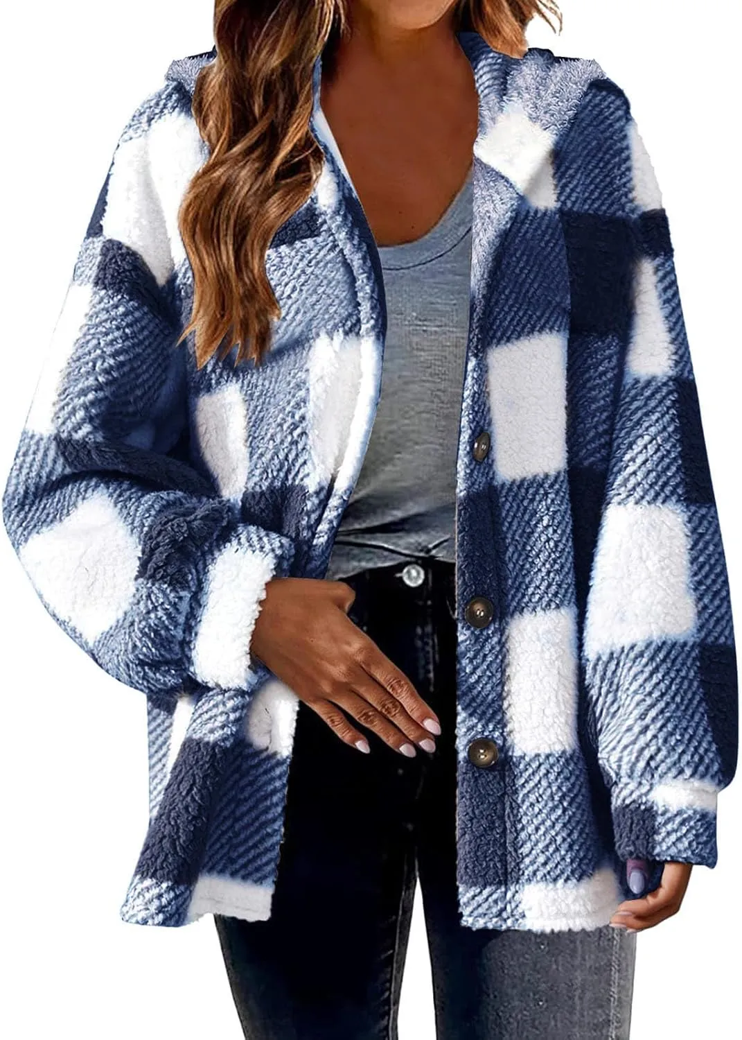 Womens Plaid Shacket Fleece Sherpa Lined Jackets Hooded Long Sleeve Fuzzy Button Down Cardigan Trendy Winter Coats
